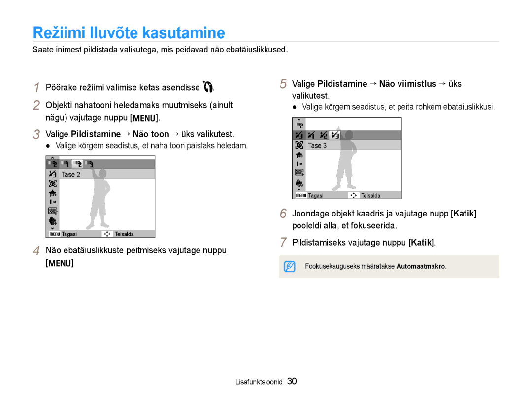 Samsung EC-WB600ZBPBRU, EC-WB600ZBPBE2 manual Režiimi Iluvõte kasutamine, Valige Pildistamine ¢ Näo toon ¢üks valikutest 