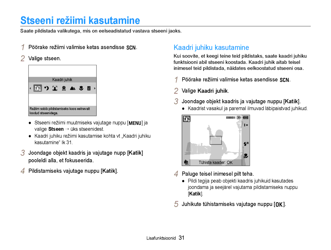 Samsung EC-WB600ZBPBE2, EC-WB600ZBPBRU manual Stseeni režiimi kasutamine, Kaadri juhiku kasutamine, Valige Kaadri juhik 