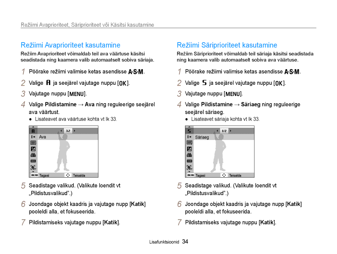 Samsung EC-WB600ZBPBRU, EC-WB600ZBPBE2 Režiimi Avaprioriteet kasutamine, Režiimi Säriprioriteet kasutamine, Ava väärtust 