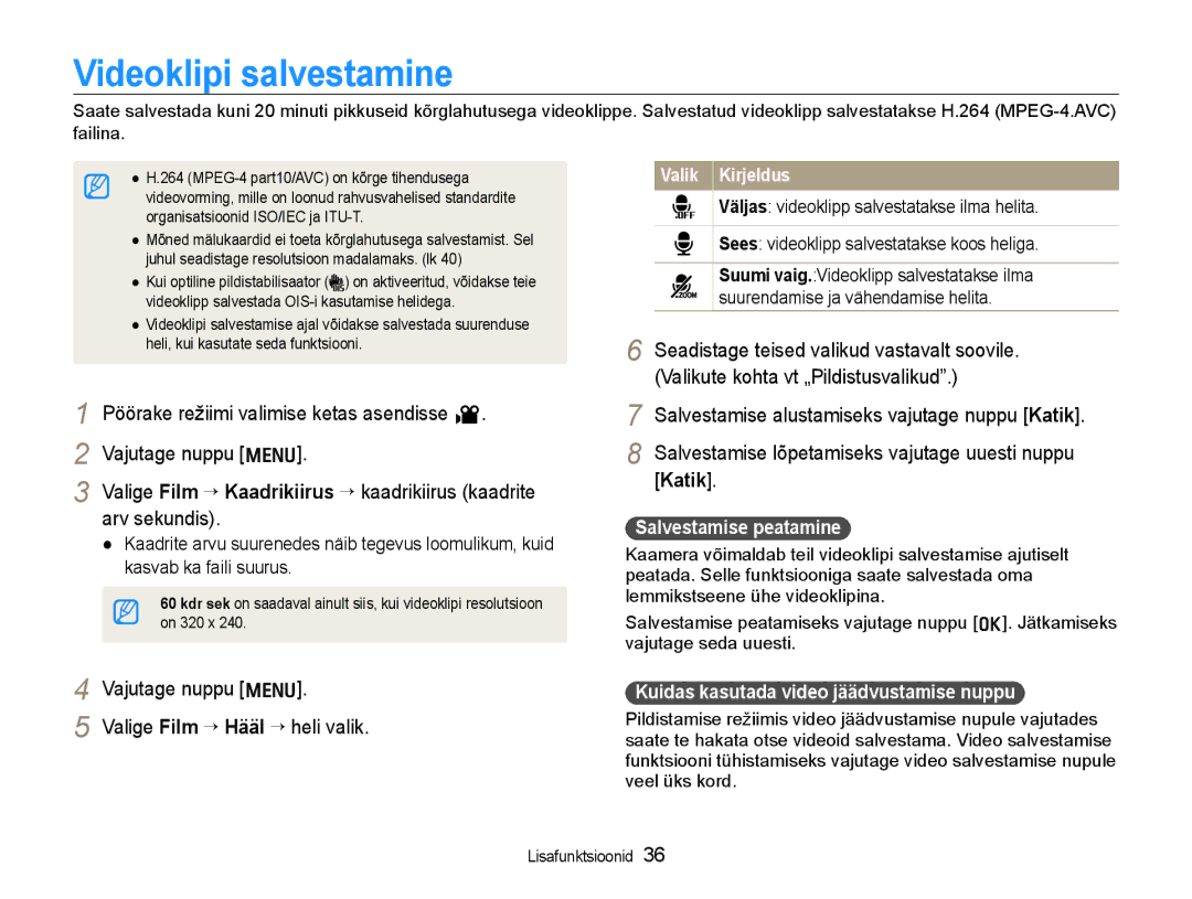 Samsung EC-WB600ZBPBRU, EC-WB600ZBPBE2 Videoklipi salvestamine, Pöörake režiimi valimise ketas asendisse Vajutage nuppu m 