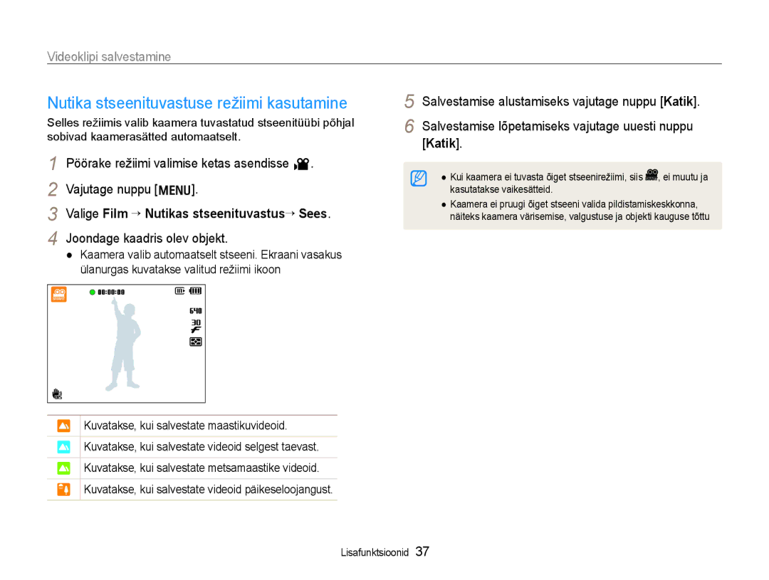 Samsung EC-WB600ZBPBE2, EC-WB600ZBPBRU manual Nutika stseenituvastuse režiimi kasutamine, Videoklipi salvestamine 