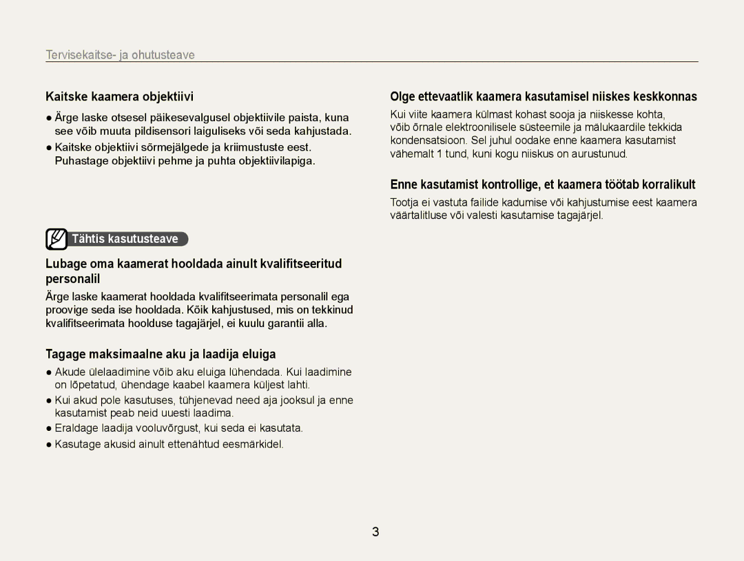 Samsung EC-WB600ZBPBE2 manual Kaitske kaamera objektiivi, Tagage maksimaalne aku ja laadija eluiga, Tähtis kasutusteave 