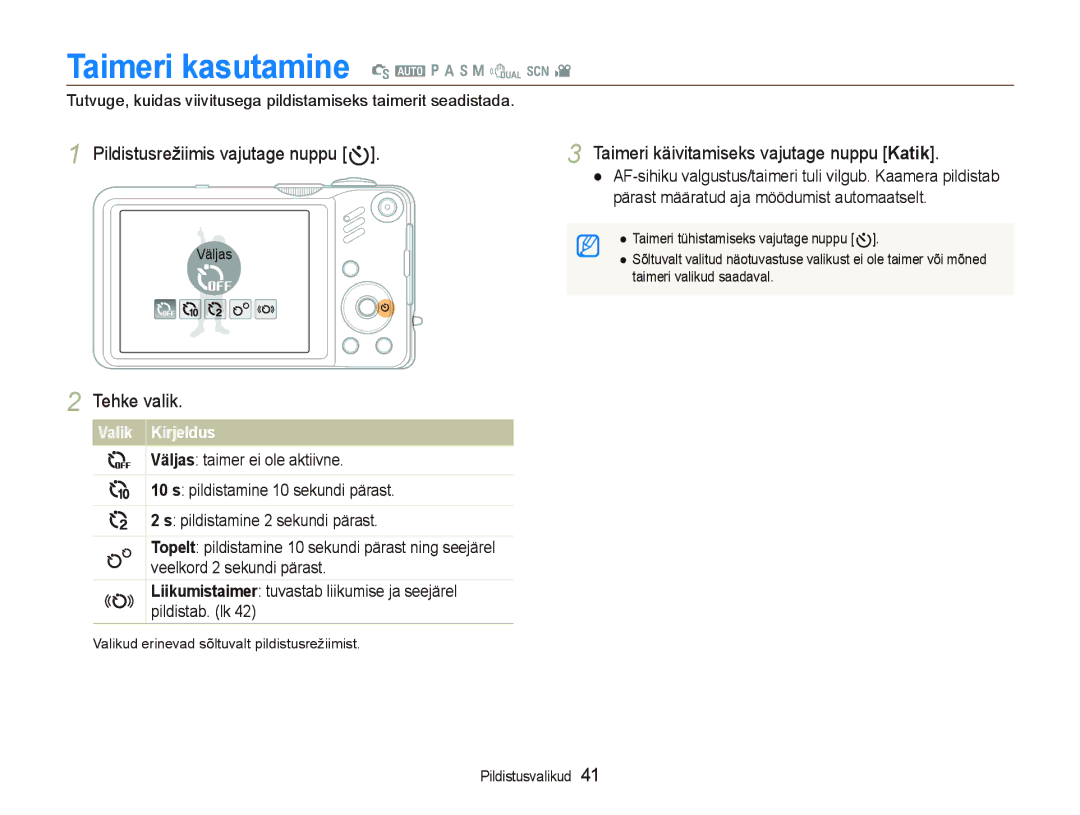 Samsung EC-WB600ZBPBE2, EC-WB600ZBPBRU Taimeri kasutamine S a p a h n d s, Pildistusrežiimis vajutage nuppu t, Tehke valik 