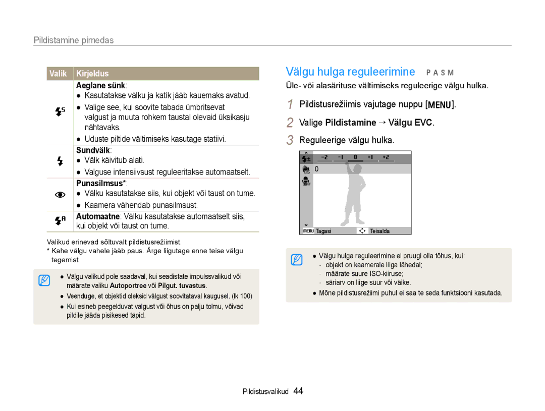 Samsung EC-WB600ZBPBRU manual Välgu hulga reguleerimine p a h n, Pildistamine pimedas, Valige Pildistamine ¢ Välgu EVC 