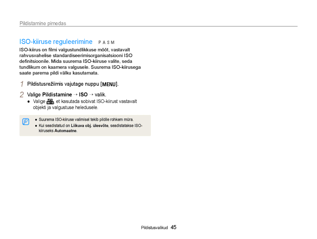 Samsung EC-WB600ZBPBE2, EC-WB600ZBPBRU manual ISO-kiiruse reguleerimine pAhn, Valige Pildistamine → ISO → valik 