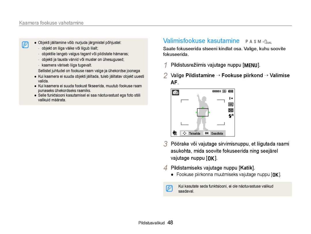 Samsung EC-WB600ZBPBRU manual Valimisfookuse kasutamine p a h n d, Valige Pildistamine ¢ Fookuse piirkond ¢ Valimise AF 