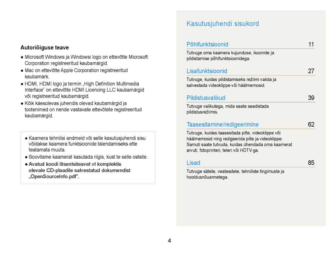 Samsung EC-WB600ZBPBRU manual Kasutusjuhendi sisukord, Autoriõiguse teave, Arvuti, fotoprinteri, teleri või HDTV-ga 