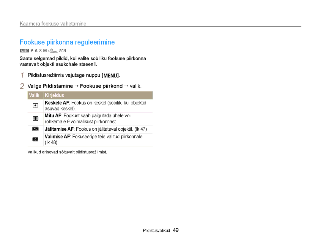 Samsung EC-WB600ZBPBE2, EC-WB600ZBPBRU Fookuse piirkonna reguleerimine, Valige Pildistamine ¢ Fookuse piirkond ¢ valik 