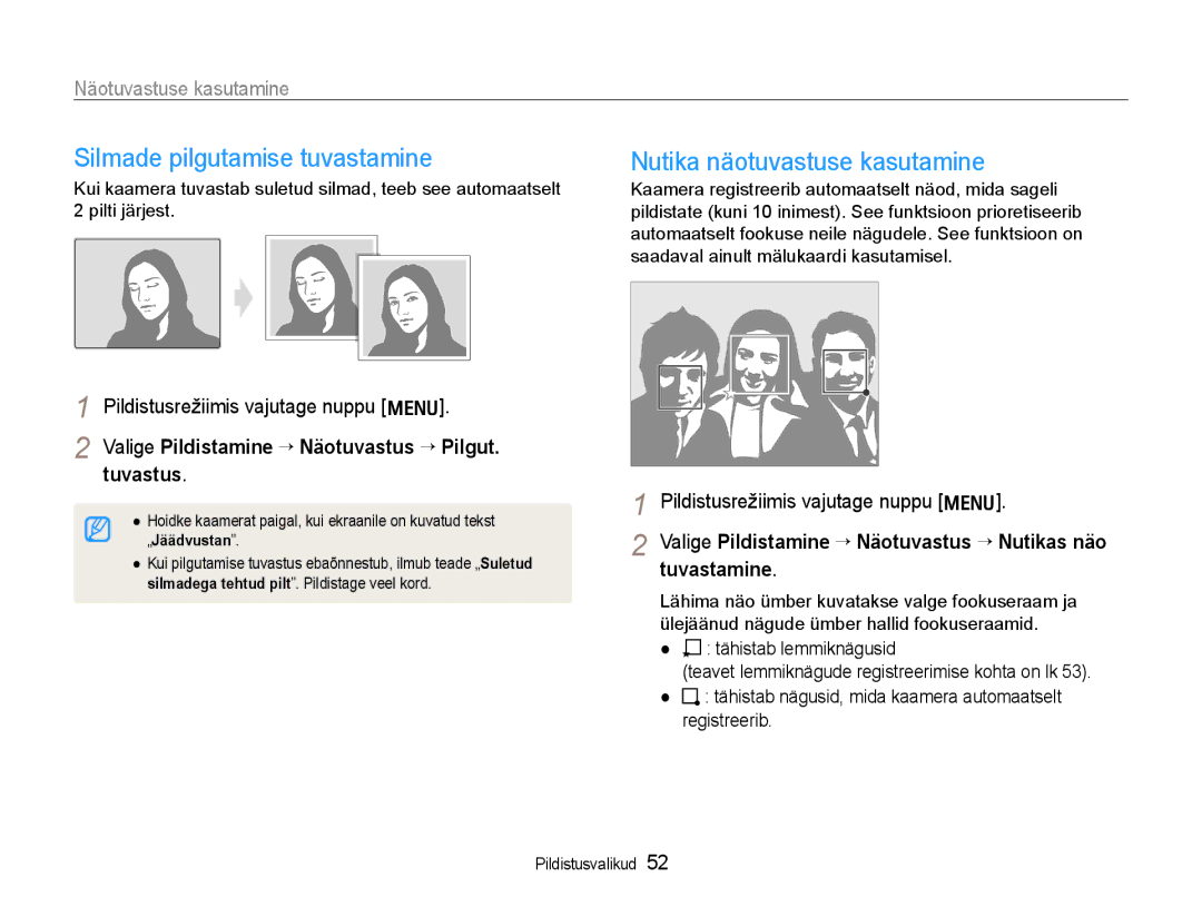 Samsung EC-WB600ZBPBRU, EC-WB600ZBPBE2 manual Silmade pilgutamise tuvastamine, Nutika näotuvastuse kasutamine 