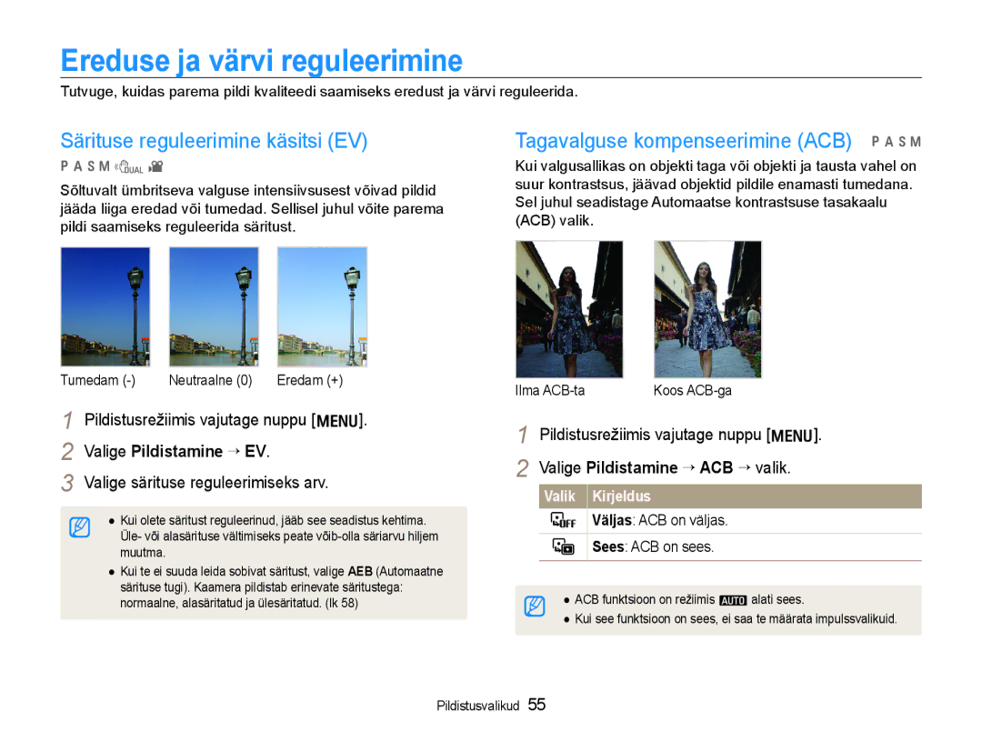 Samsung EC-WB600ZBPBE2 manual Ereduse ja värvi reguleerimine, Särituse reguleerimine käsitsi EV, Valige Pildistamine ¢EV 