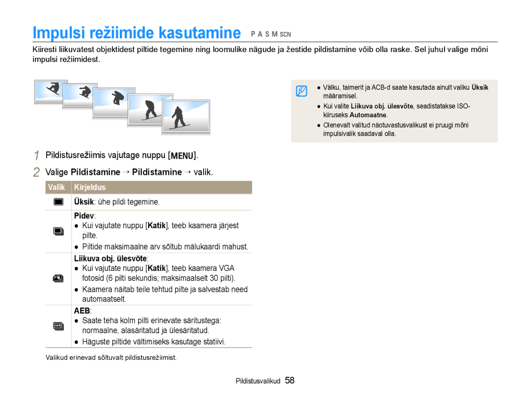 Samsung EC-WB600ZBPBRU manual Impulsi režiimide kasutamine p a h n s, Valige Pildistamine ¢Pildistamine ¢ valik, Pidev 