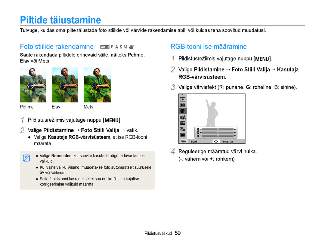 Samsung EC-WB600ZBPBE2, EC-WB600ZBPBRU Piltide täiustamine, Foto stiilide rakendamine a p a h n, RGB-tooni ise määramine 