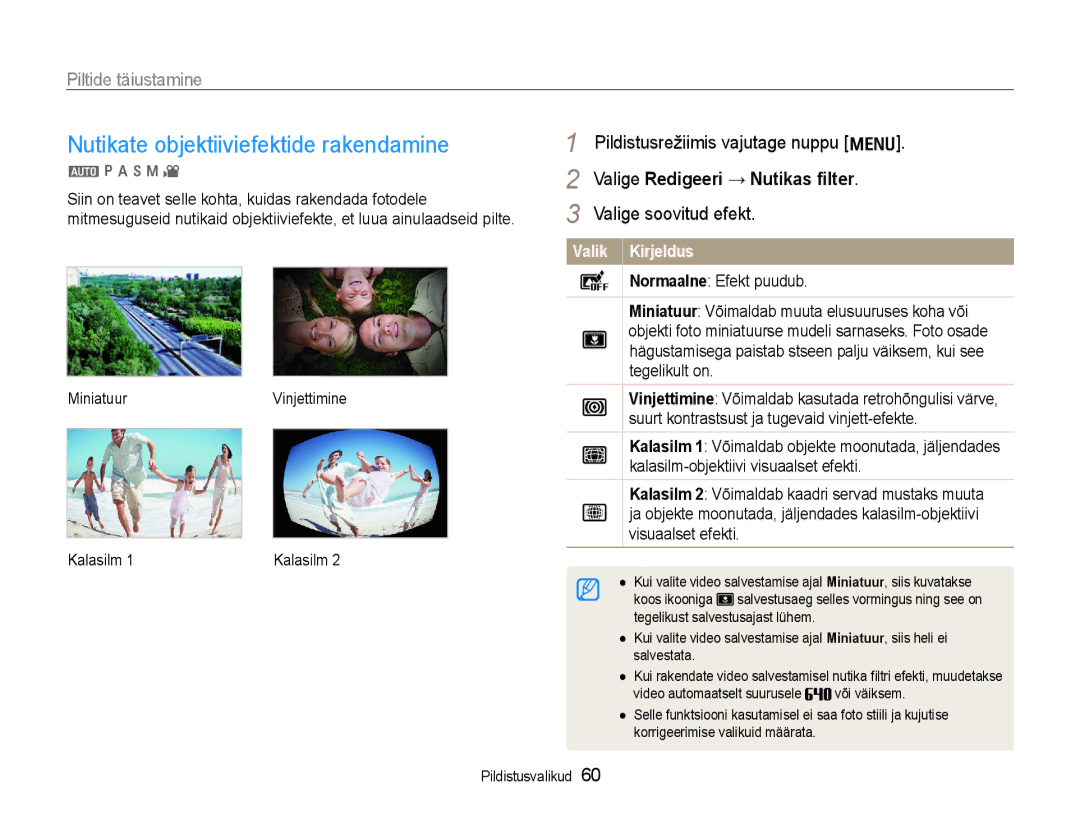 Samsung EC-WB600ZBPBRU Nutikate objektiiviefektide rakendamine, Piltide täiustamine, Valige Redigeeri → Nutikas ﬁlter 