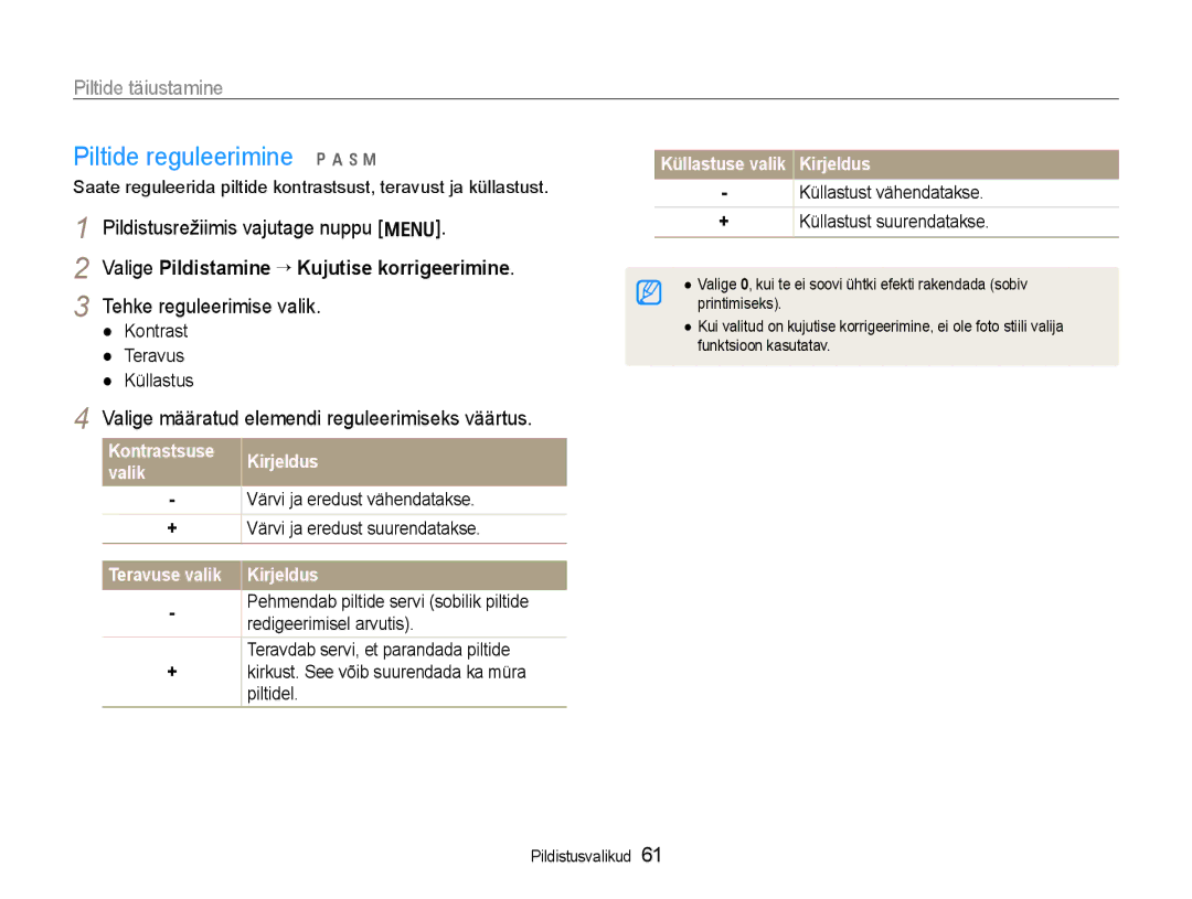 Samsung EC-WB600ZBPBE2, EC-WB600ZBPBRU manual Piltide reguleerimine p a h n, Valige Pildistamine ¢Kujutise korrigeerimine 