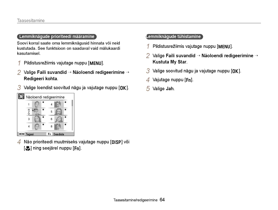 Samsung EC-WB600ZBPBRU manual Taasesitamine, Redigeeri kohta, Lemmiknägude prioriteedi määramine, Lemmiknägude tühistamine 