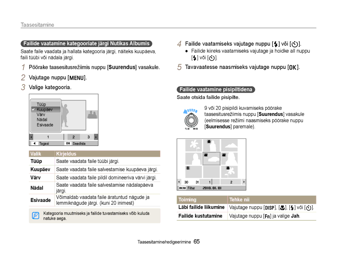 Samsung EC-WB600ZBPBE2, EC-WB600ZBPBRU manual Failide vaatamiseks vajutage nuppu F või t, Vajutage nuppu m Valige kategooria 