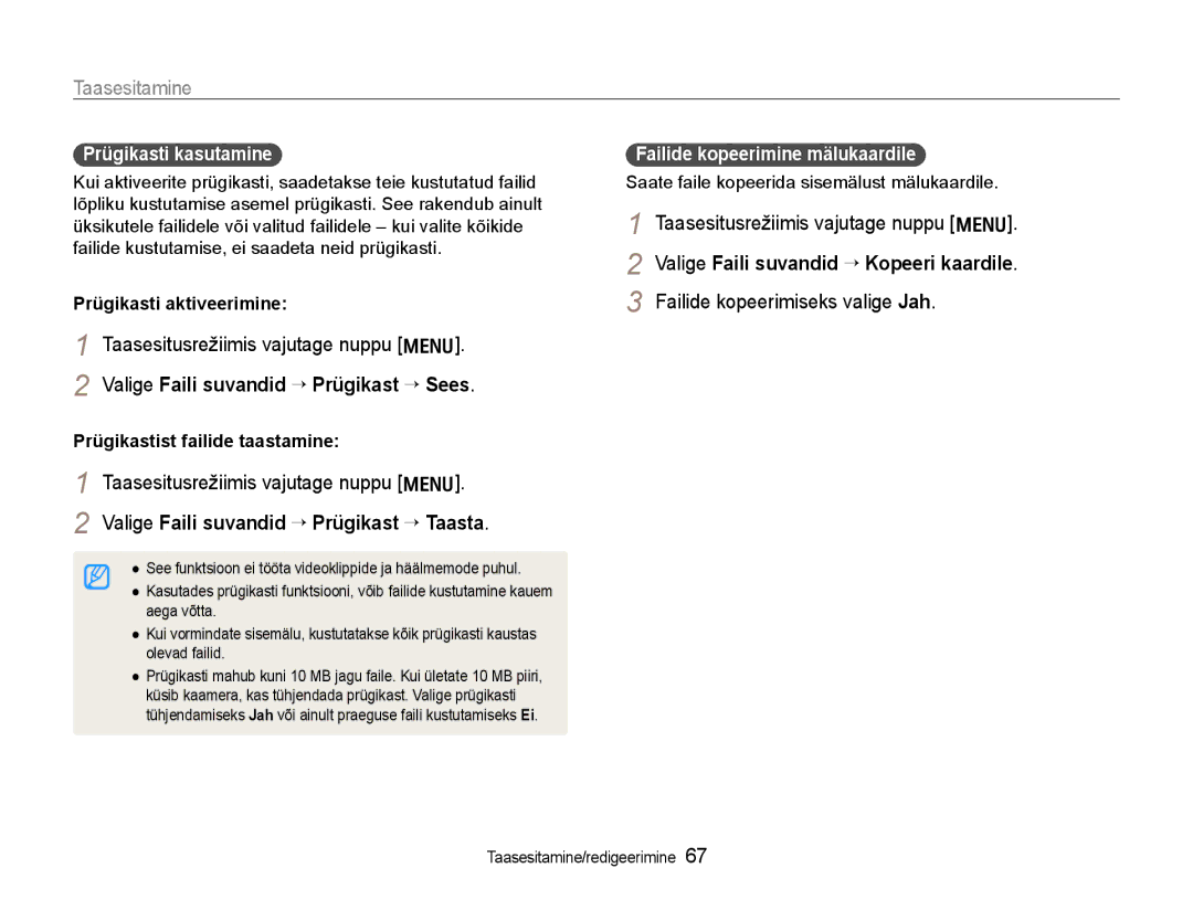 Samsung EC-WB600ZBPBE2 manual Valige Faili suvandid ¢ Prügikast ¢ Sees, Valige Faili suvandid ¢ Prügikast ¢ Taasta 