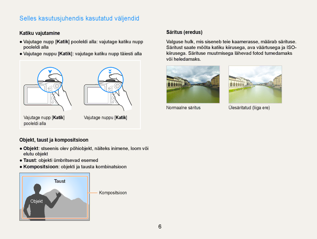 Samsung EC-WB600ZBPBRU, EC-WB600ZBPBE2 Selles kasutusjuhendis kasutatud väljendid, Pooleldi alla, Taust, Kompositsioon 