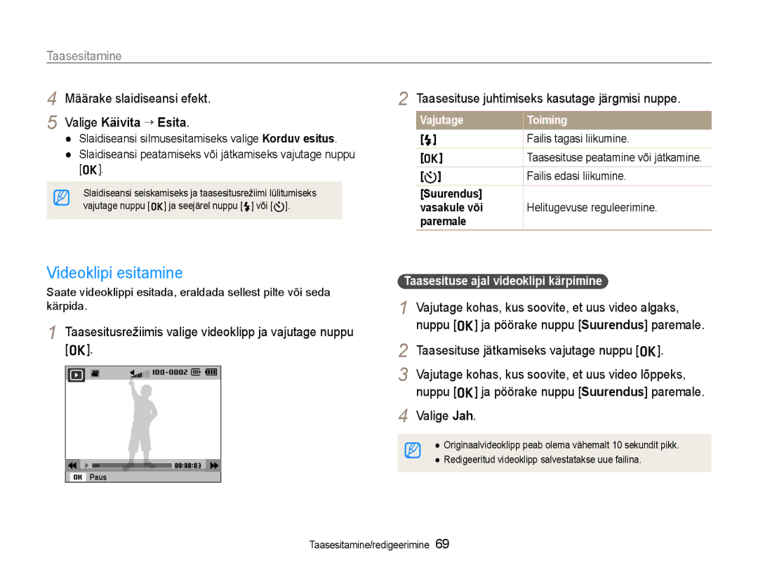 Samsung EC-WB600ZBPBE2 Videoklipi esitamine, Taasesitusrežiimis valige videoklipp ja vajutage nuppu o, Vajutage Toiming 