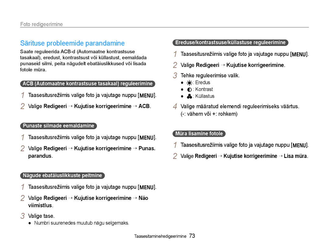 Samsung EC-WB600ZBPBE2 manual Särituse probleemide parandamine, Valige Redigeeri ¢ Kujutise korrigeerimine, Valige tase 