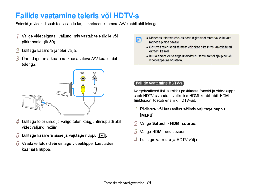 Samsung EC-WB600ZBPBRU manual Failide vaatamine teleris või HDTV-s, Pildistus- või taasesitusrežiimis vajutage nuppu m 