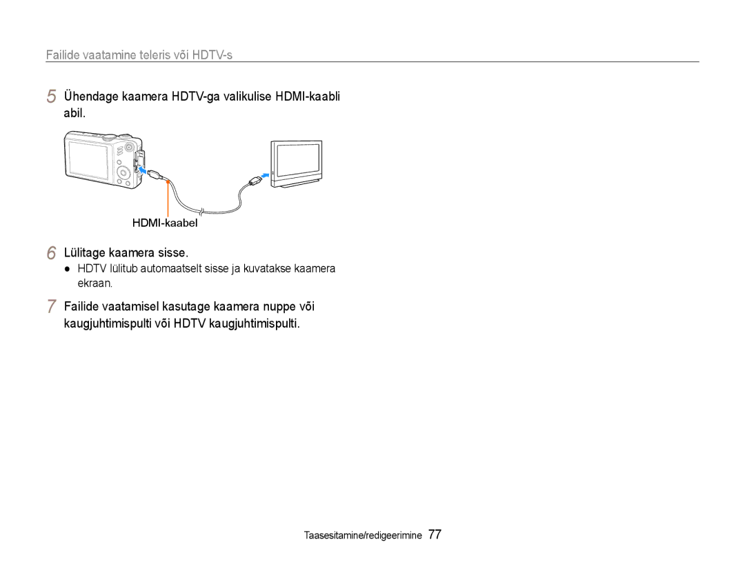 Samsung EC-WB600ZBPBE2 manual Failide vaatamine teleris või HDTV-s, Ühendage kaamera HDTV-ga valikulise HDMI-kaabli abil 