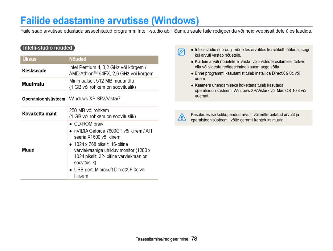 Samsung EC-WB600ZBPBRU, EC-WB600ZBPBE2 manual Failide edastamine arvutisse Windows, Intelli-studio nõuded, Üksus Nõuded 