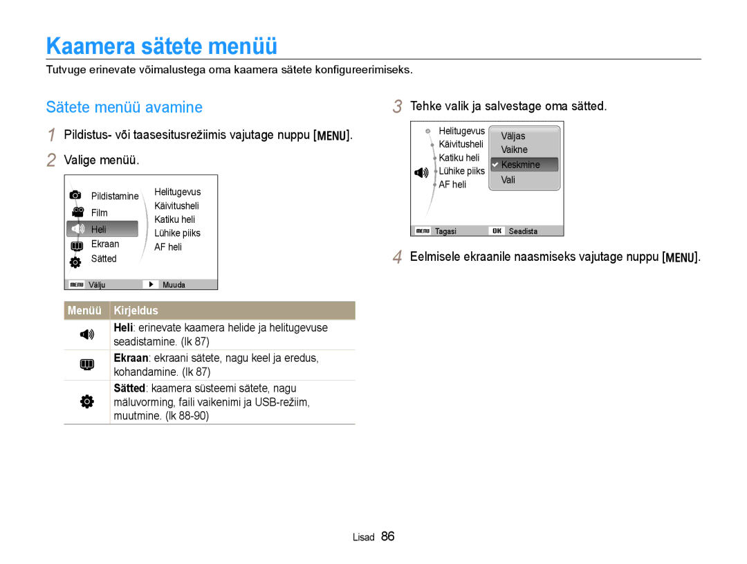 Samsung EC-WB600ZBPBRU Kaamera sätete menüü, Sätete menüü avamine, Tehke valik ja salvestage oma sätted, Menüü Kirjeldus 