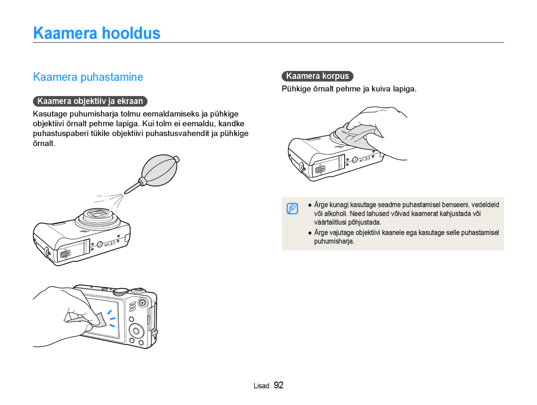 Samsung EC-WB600ZBPBRU, EC-WB600ZBPBE2 Kaamera hooldus, Kaamera puhastamine, Kaamera objektiiv ja ekraan, Kaamera korpus 