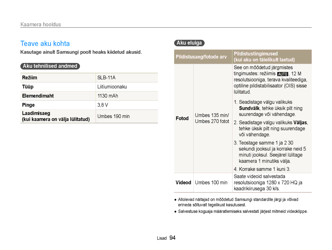 Samsung EC-WB600ZBPBRU, EC-WB600ZBPBE2 manual Teave aku kohta, Aku tehnilised andmed, Aku eluiga 