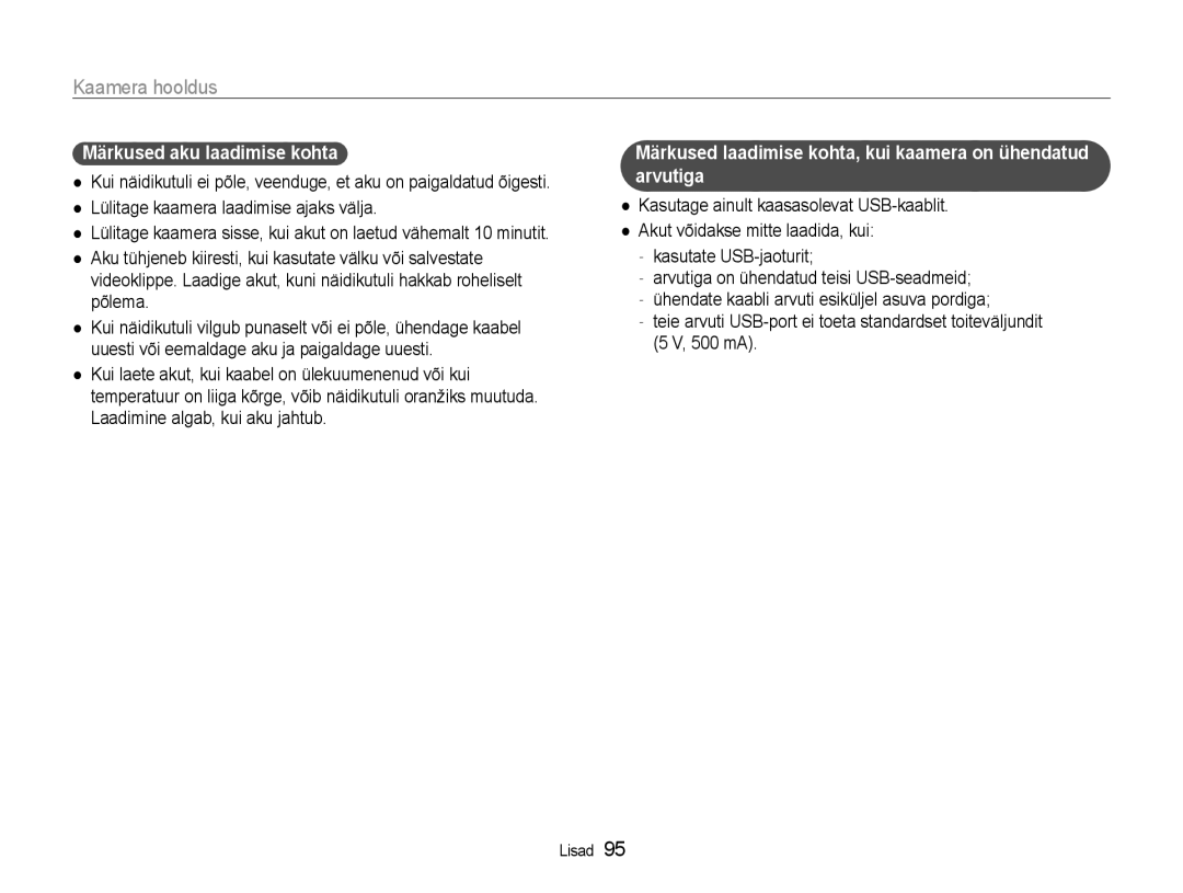 Samsung EC-WB600ZBPBE2 manual Märkused aku laadimise kohta, Märkused laadimise kohta, kui kaamera on ühendatud arvutiga 