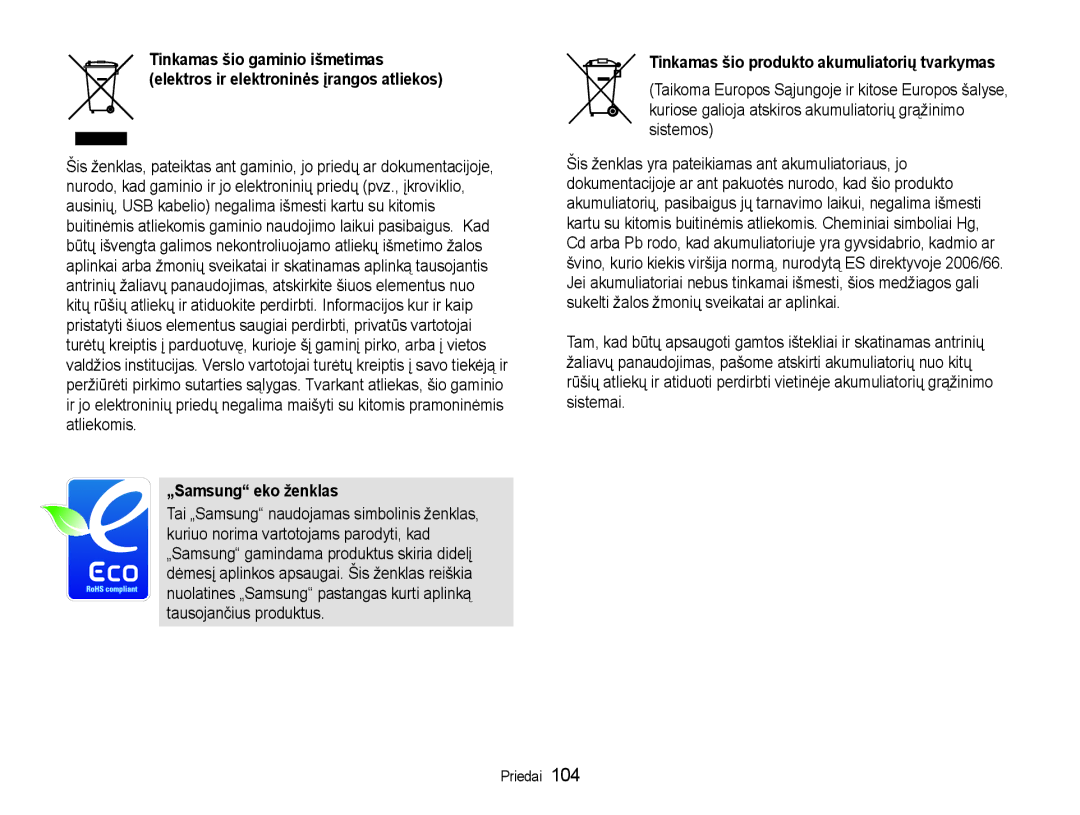Samsung EC-WB600ZBPBRU, EC-WB600ZBPBE2 manual „Samsung eko ženklas, Tinkamas šio produkto akumuliatorių tvarkymas 