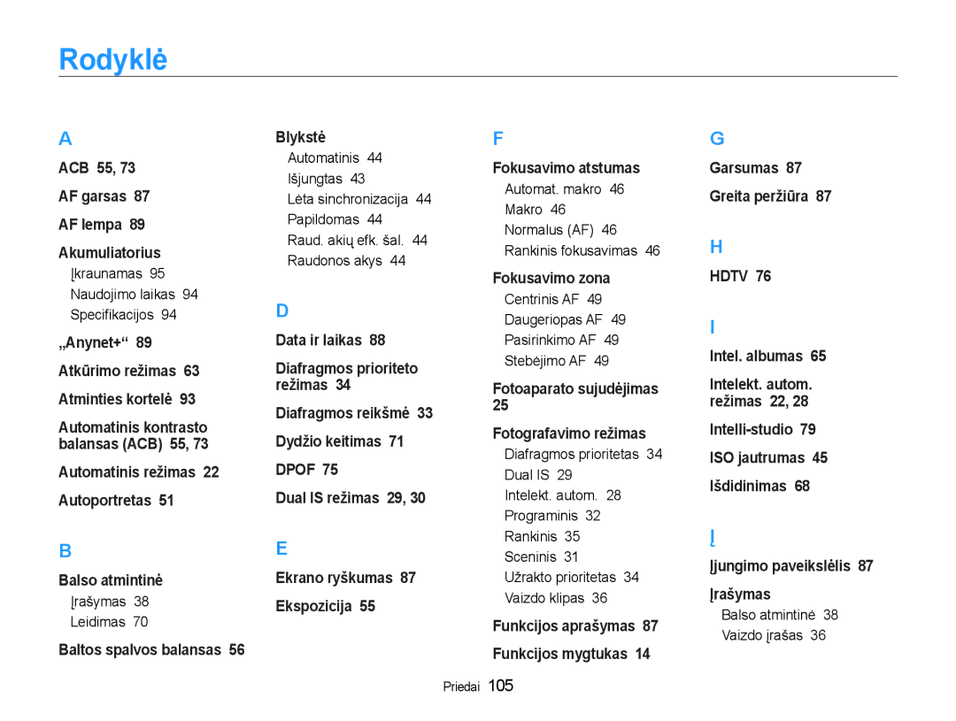 Samsung EC-WB600ZBPBE2 Rodyklė, Įkraunamas 95 Naudojimo laikas 94 Speciﬁkacijos, Balso atmintinė Vaizdo įrašas Priedai 