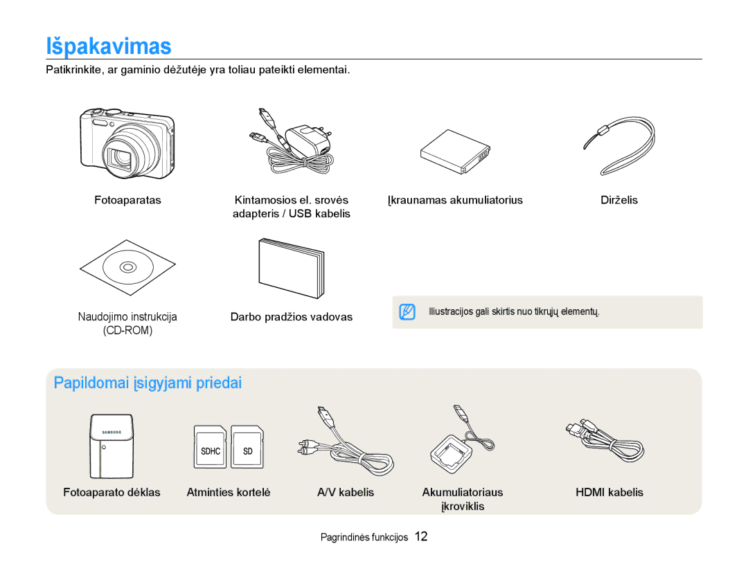 Samsung EC-WB600ZBPBRU, EC-WB600ZBPBE2 manual Išpakavimas, Papildomai įsigyjami priedai, Įkraunamas akumuliatorius Dirželis 