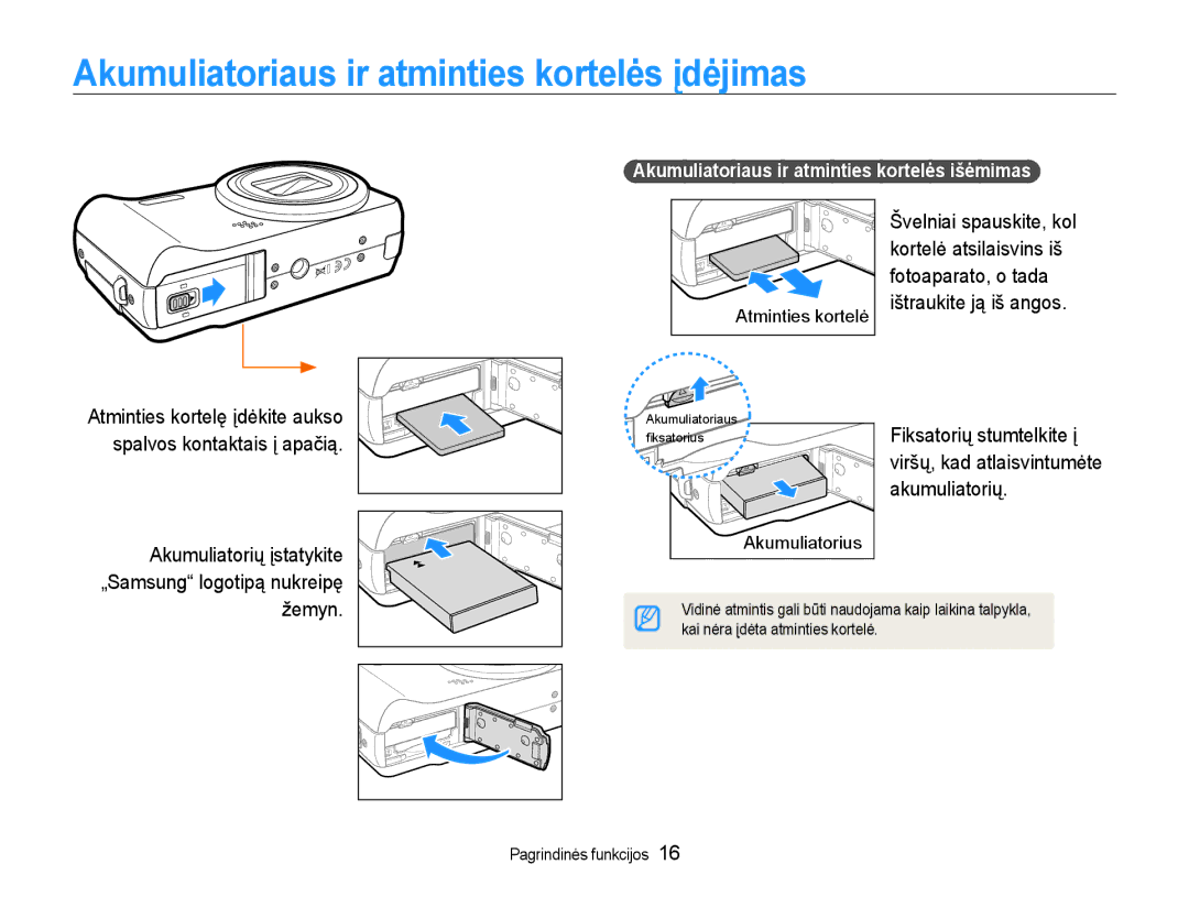 Samsung EC-WB600ZBPBRU, EC-WB600ZBPBE2 manual Akumuliatoriaus ir atminties kortelės įdėjimas, Žemyn, Akumuliatorius 