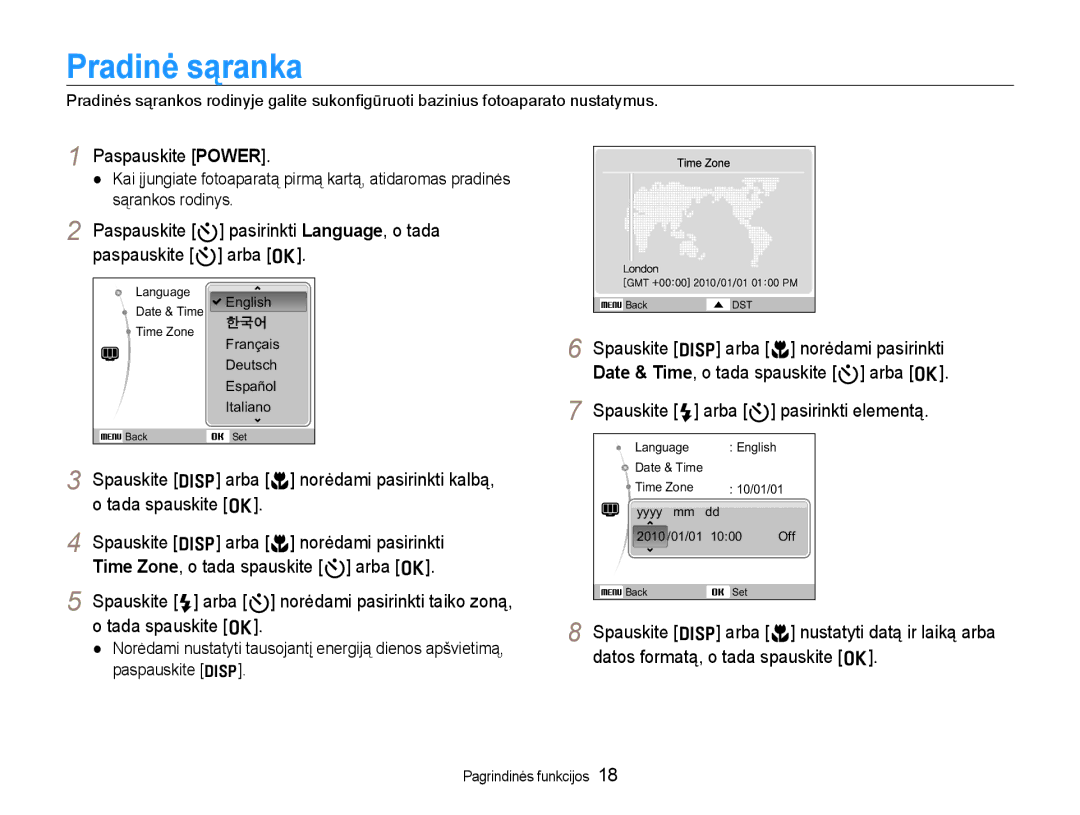 Samsung EC-WB600ZBPBRU, EC-WB600ZBPBE2 manual Pradinė sąranka, Paspauskite Power 