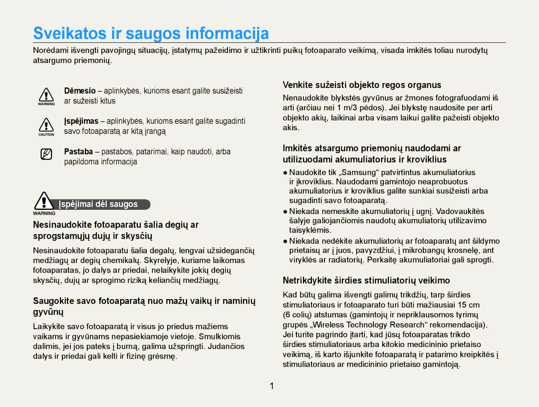 Samsung EC-WB600ZBPBE2 manual Sveikatos ir saugos informacija, Saugokite savo fotoaparatą nuo mažų vaikų ir naminių gyvūnų 