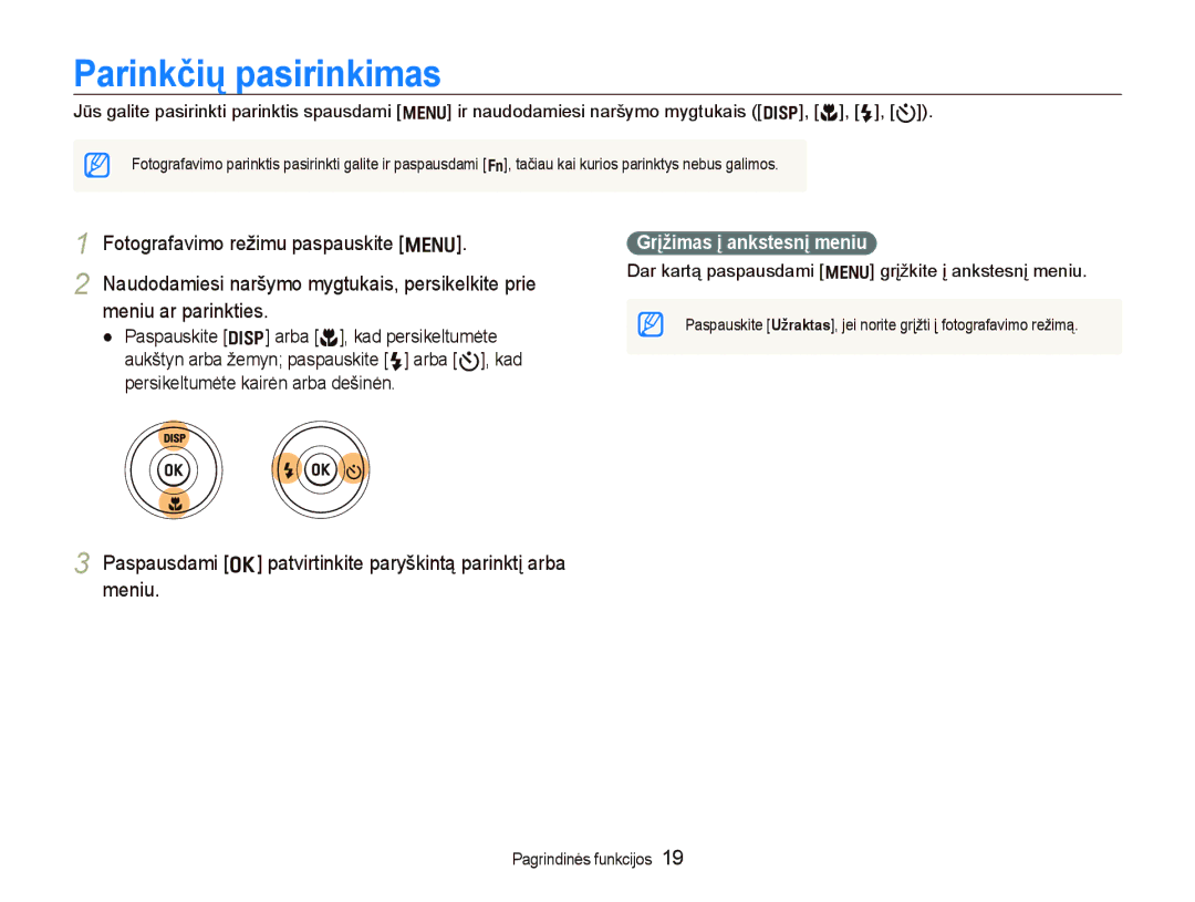 Samsung EC-WB600ZBPBE2, EC-WB600ZBPBRU Parinkčių pasirinkimas, Paspausdami o patvirtinkite paryškintą parinktį arba meniu 