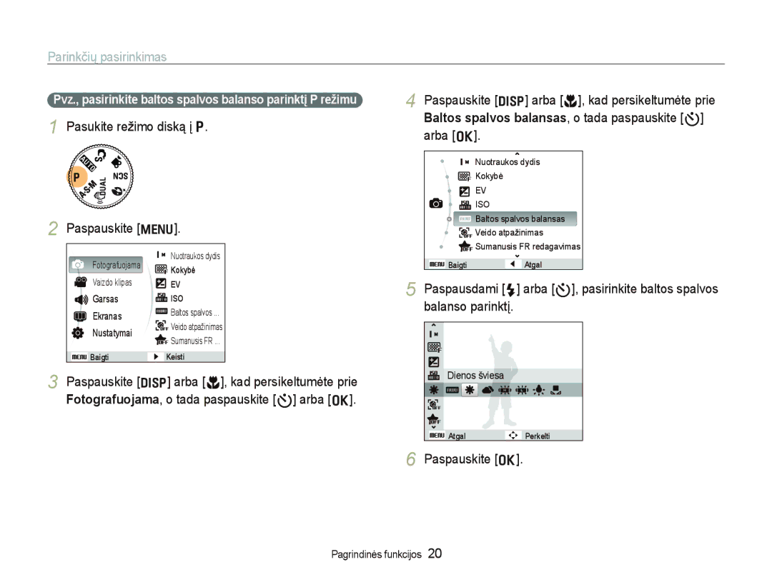 Samsung EC-WB600ZBPBRU, EC-WB600ZBPBE2 manual Parinkčių pasirinkimas, Pasukite režimo diską į p Paspauskite m, Paspauskite o 