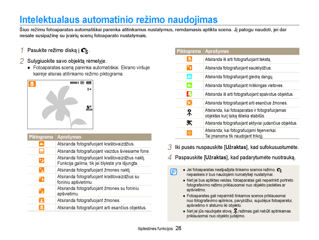 Samsung EC-WB600ZBPBRU, EC-WB600ZBPBE2 manual Intelektualaus automatinio režimo naudojimas, Išplėstinės funkcijos 