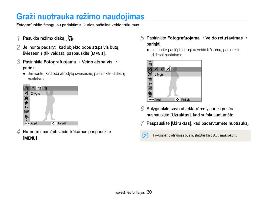 Samsung EC-WB600ZBPBRU manual Graži nuotrauka režimo naudojimas, Pasirinkite Fotografuojama ¢ Veido atspalvis ¢ parinktį 