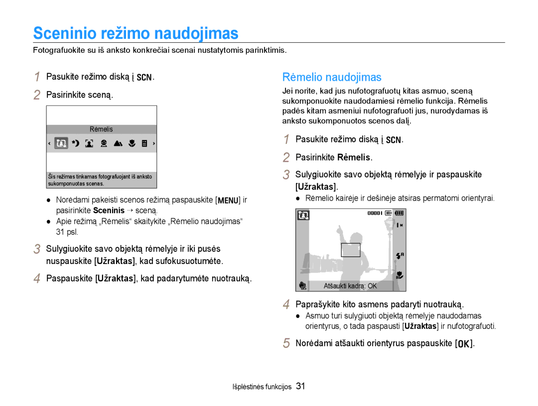 Samsung EC-WB600ZBPBE2 manual Sceninio režimo naudojimas, Rėmelio naudojimas, Pasukite režimo diską į s Pasirinkite sceną 