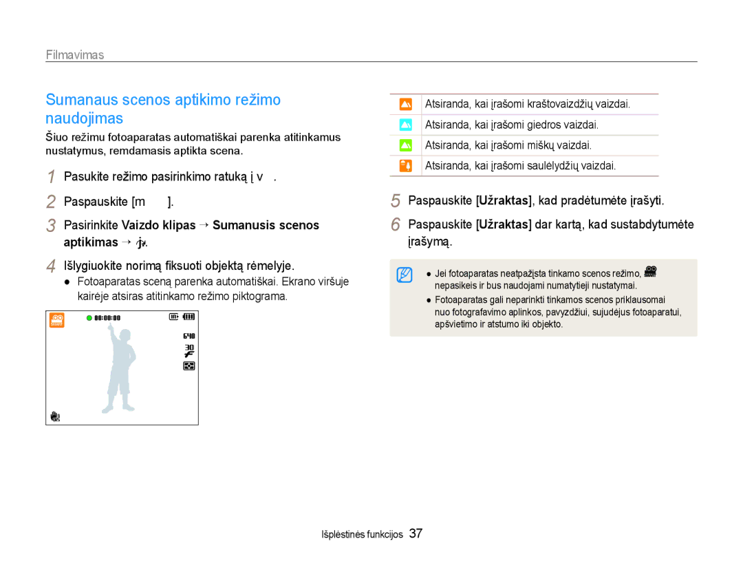 Samsung EC-WB600ZBPBE2, EC-WB600ZBPBRU manual Sumanaus scenos aptikimo režimo naudojimas, Filmavimas 