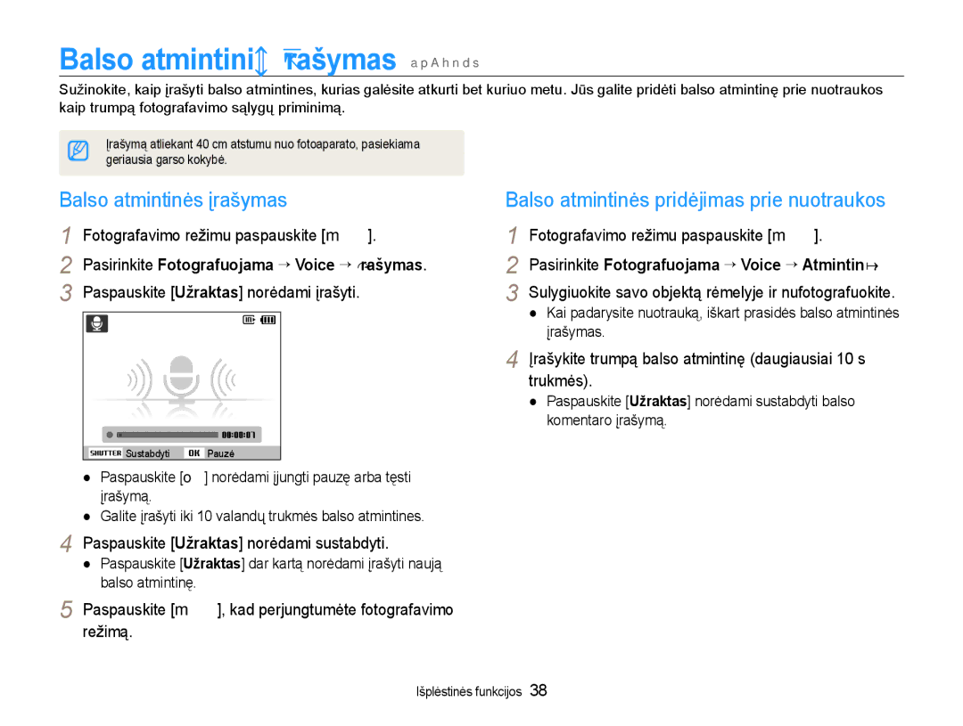 Samsung EC-WB600ZBPBRU, EC-WB600ZBPBE2 manual Balso atmintinių įrašymas a p a h n d s, Balso atmintinės įrašymas 