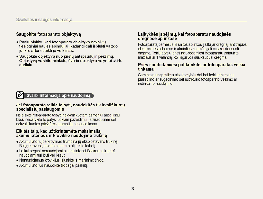 Samsung EC-WB600ZBPBE2, EC-WB600ZBPBRU manual Saugokite fotoaparato objektyvą, Svarbi informacija apie naudojimą 