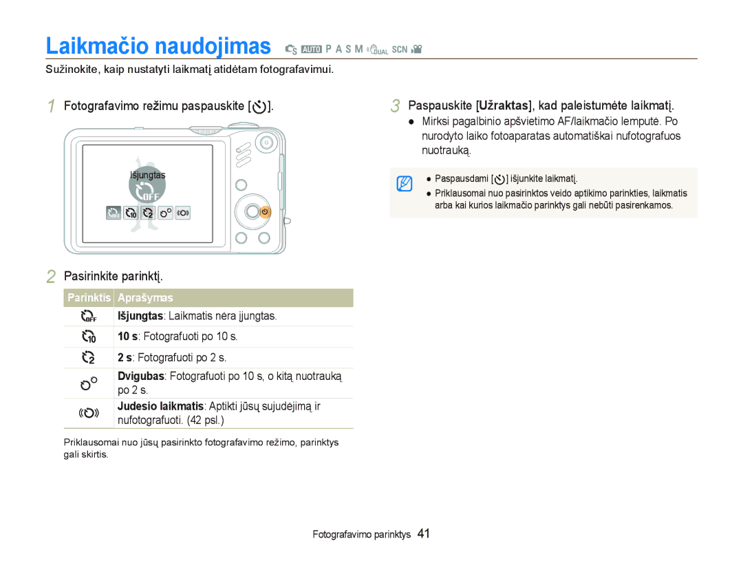 Samsung EC-WB600ZBPBE2 Laikmačio naudojimas S a p a h n d s, Fotografavimo režimu paspauskite t, Pasirinkite parinktį 