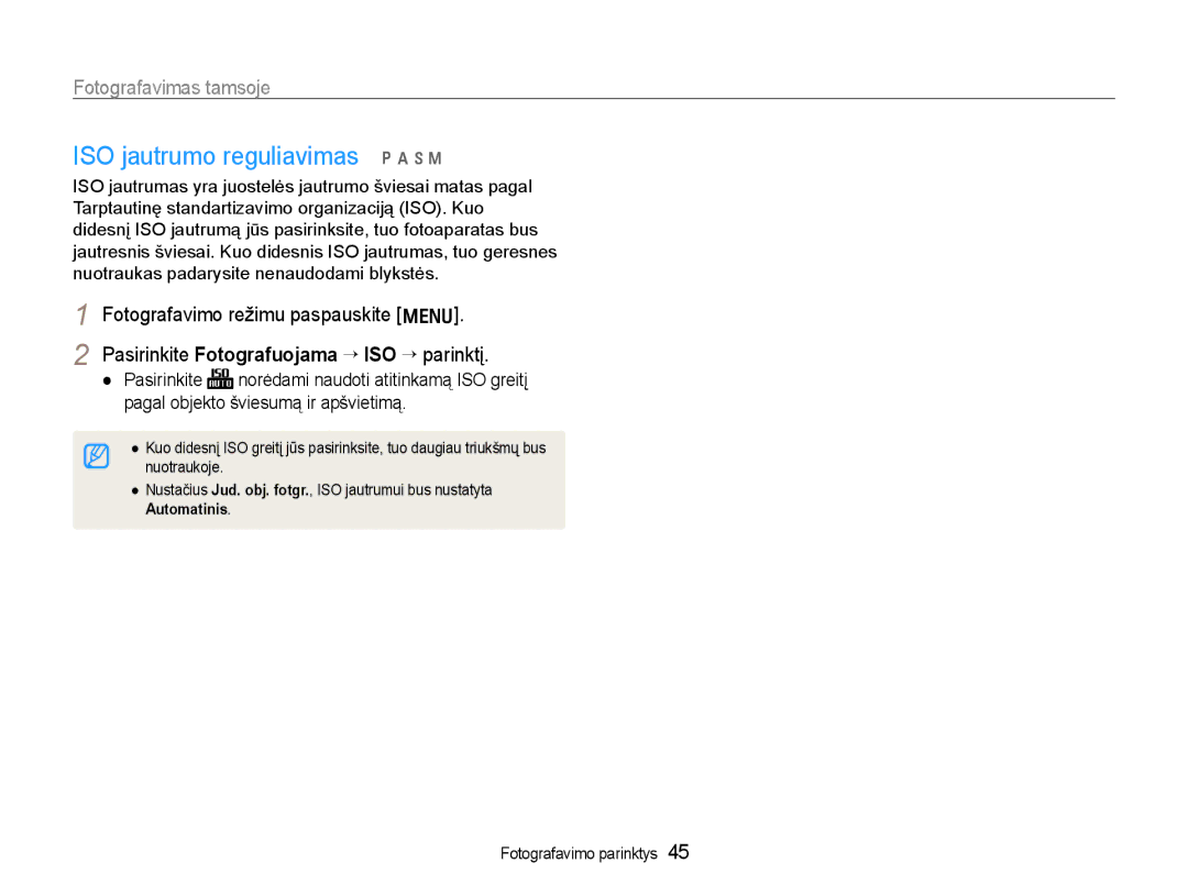 Samsung EC-WB600ZBPBE2, EC-WB600ZBPBRU manual ISO jautrumo reguliavimas pAhn, Pasirinkite Fotografuojama → ISO → parinktį 