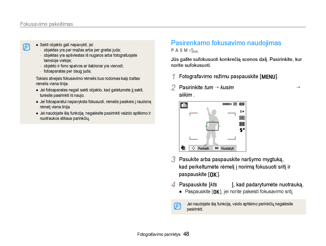 Samsung EC-WB600ZBPBRU, EC-WB600ZBPBE2 manual Pasirenkamo fokusavimo naudojimas 