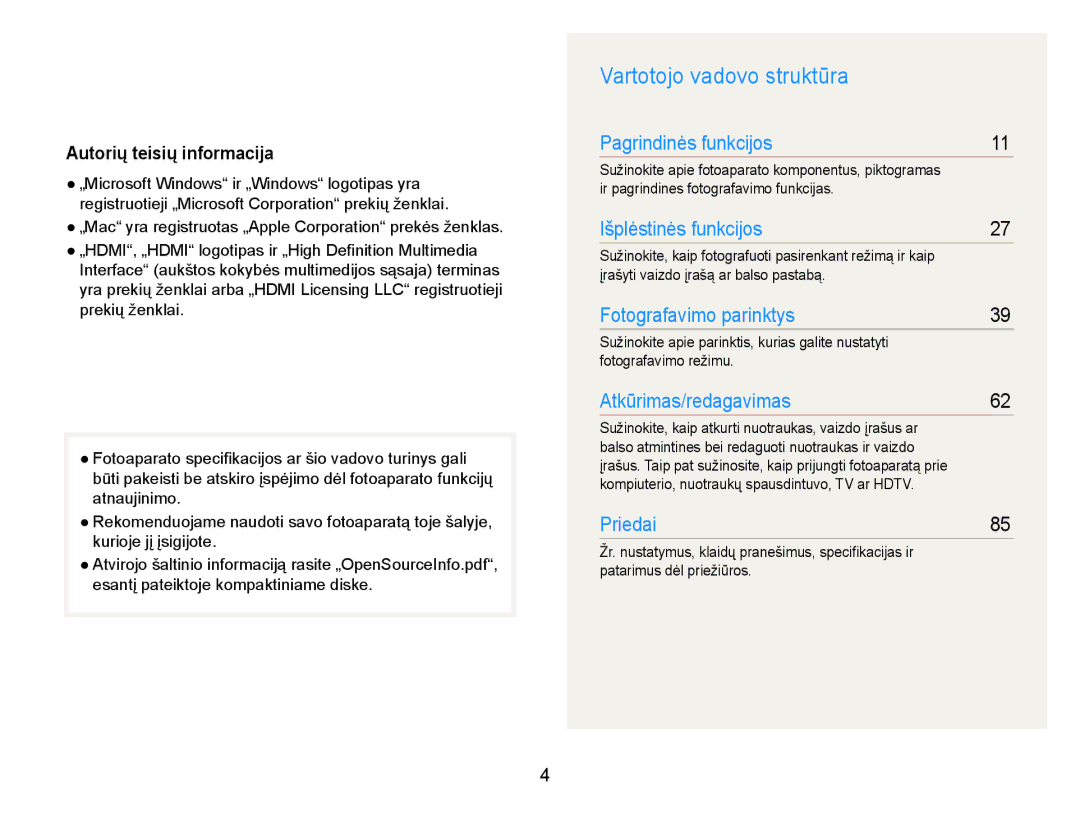 Samsung EC-WB600ZBPBRU, EC-WB600ZBPBE2 manual Vartotojo vadovo struktūra, Autorių teisių informacija 