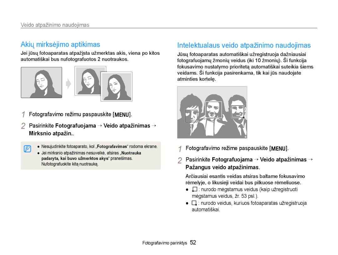 Samsung EC-WB600ZBPBRU, EC-WB600ZBPBE2 manual Akių mirksėjimo aptikimas, Intelektualaus veido atpažinimo naudojimas 